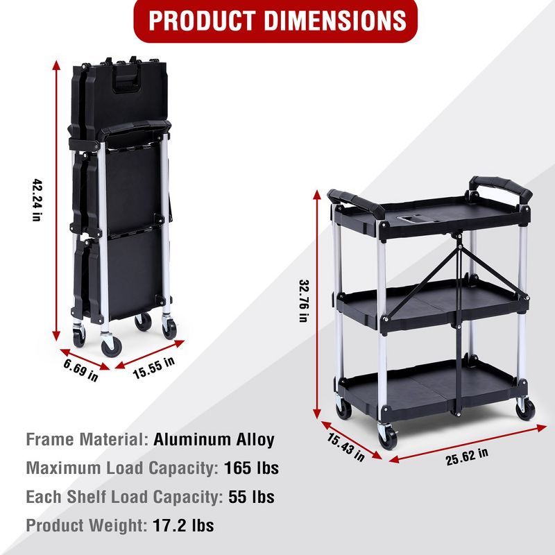Folding Utility Cart, Foldable 3-tier Rolling Cart with Lockable Wheels, 3 of 5