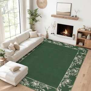 Acekool Washable Runner Rug 2x6 Modern Bordered Floral Print, Non-Slip Low Pile Soft Bedside Rug for Hallway, Laundry, Bedroom,Beige - 1 of 4