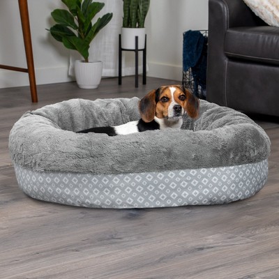 Medium Gray Plush & Diamond Print Calming Donut Pet Bed