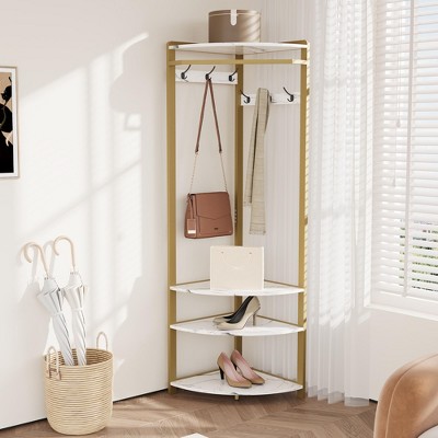 Corner Coat Rack with Shoe Bench Entryway and 6 Double Hooks, Corner Hall Tree - Corner Clothes Rack with Storage Corner Tree