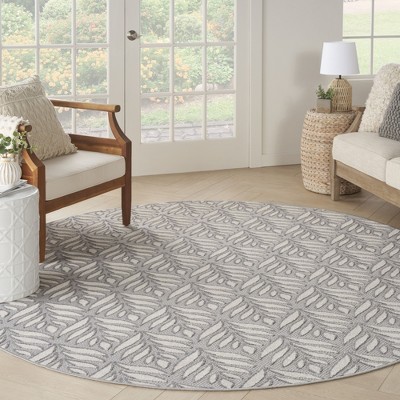 Aloha 8' Round Gray Synthetic Tropical Palm Outdoor Rug