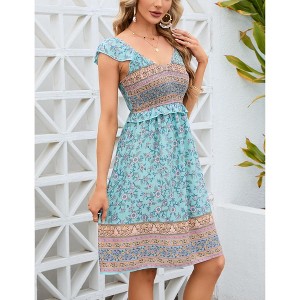 Coolmee Women's Summer Floral Dress V Neck Flutter Sleeve Bohemian Dress Casual Smocked Swing Mini Dress - 1 of 4