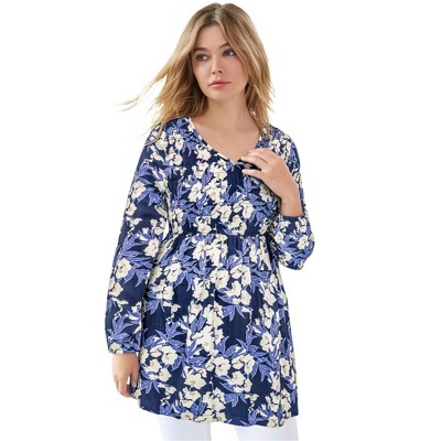 ellos Plus Size V-Neck Tunic With Smocked Bodice