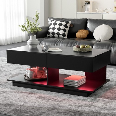 Modern Coffee Table with LED Lights and Hidden Storage Space,High-Gloss Finish Center Table for Living Rooms and Small Spaces-Maison Boucle