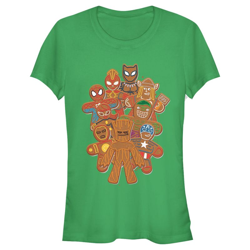 Juniors Womens Marvel Christmas Gingerbread Cookie Heroes T-Shirt, 1 of 4