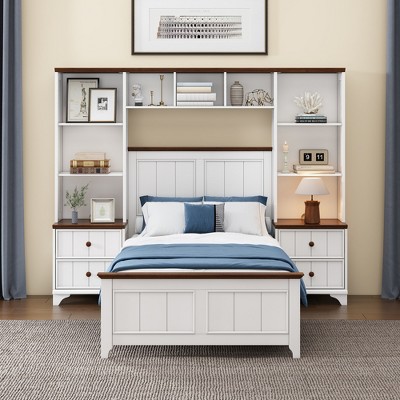 Twin/Full Size All-In-One Platform Bed with 2 Nightstands, Bookcase, Storage Shelf and Solid Pine Wood Frame, White+Walnut-ModernLuxe