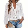 Coolmee Women's Deep V Neck Eyelet Blouses 3/4 Balloon Sleeve Button Down Hollow Out Fall Shirts - 3 of 4