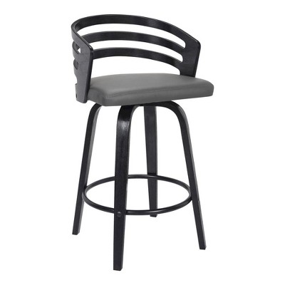 FurniFact,Swivel Bar Stool in Black Wood and Gray Faux Leather for Kitchen Counters