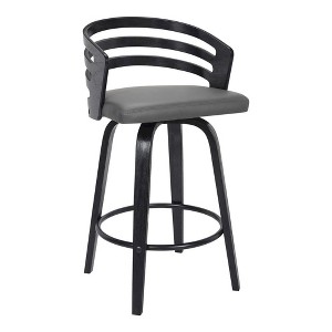 FurniFact,Swivel Bar Stool in Black Wood and Gray Faux Leather for Kitchen Counters - 1 of 4