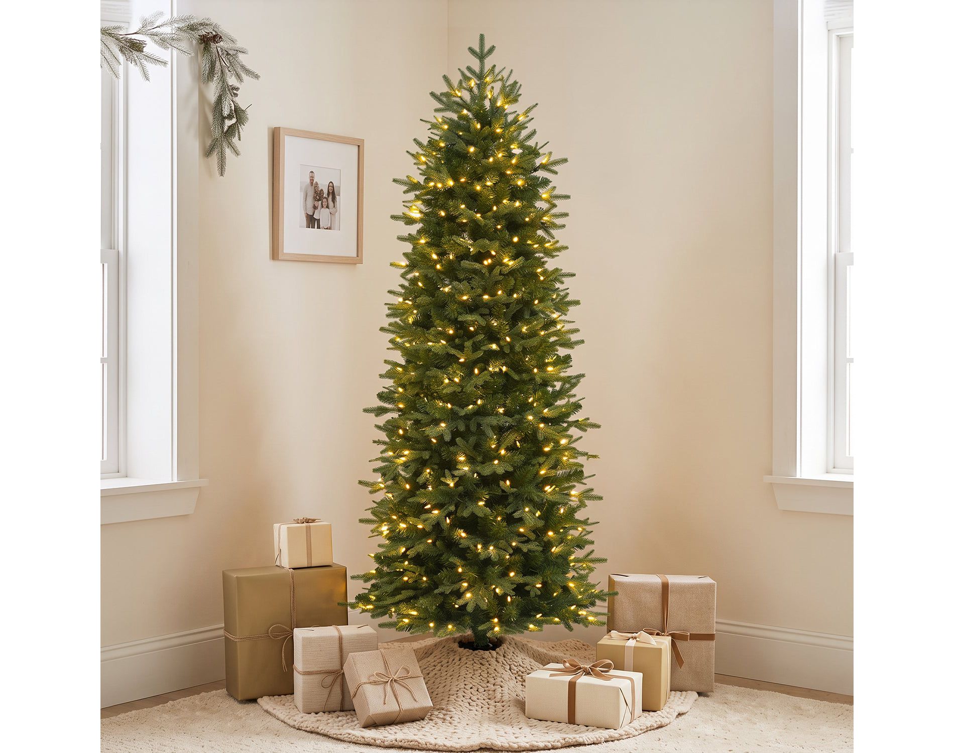 VIVATREES 6ft Pre-lit Christmas Tree Slim Artificial Hinged Mixed PVC PE Branch Tips Warm White LED Lights Foldable Base