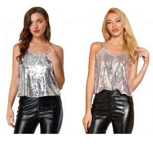 Allegra K Women's Sequined Shining Adjustable Straps Party Sparkle Cami Top 2 Packs - 1 of 4