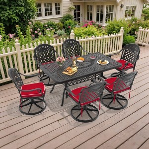 7-Piece Rectangle Cast Aluminum Outdoor Patio Dining Set with Swivel Chairs & Red Cushions & Umbrella Hole - 1 of 4