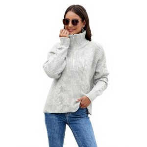 Coolmee Women's Sweaters Fall Fashion Loose Quarter Zip Pullover Collared Long Sleeve Cable Knit Winter Clothes - 1 of 4