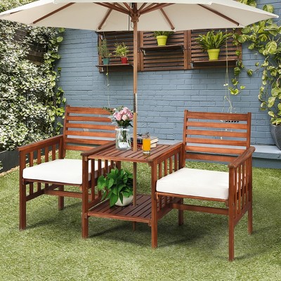 Acacia Wood 2-Person Patio Loveseat Set with Off-White Cushions
