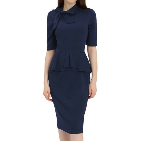 Allegra K Round Neck Pencil Dress for Women's Bow Ruffle Business Peplum  Dress Dark Blue XL