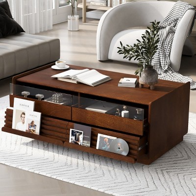 47" Modern Coffee Table with Fluted Wood Design,4 Drawers and 2 Glass Display Shelves for Living Room-Maison Boucle