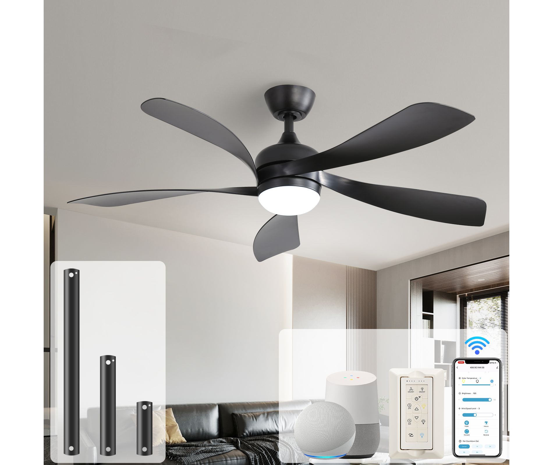 Sofucor 52" Remote Control Ceiling Fan with Light for Bedroom and Living Room Black