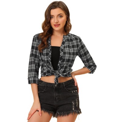 Allegra K Women's Casual Plaid Blouse Button Up V-Neck Long Sleeve Western Shirt