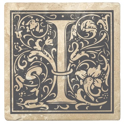Christmas by Krebs Set of 4 Ivory and Gray "I" Square Monogram Coasters 4"