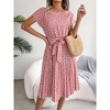 Women's Floral Print Short Sleeve Pleated Midi Dress with Self-Tie Belt - 4 of 4
