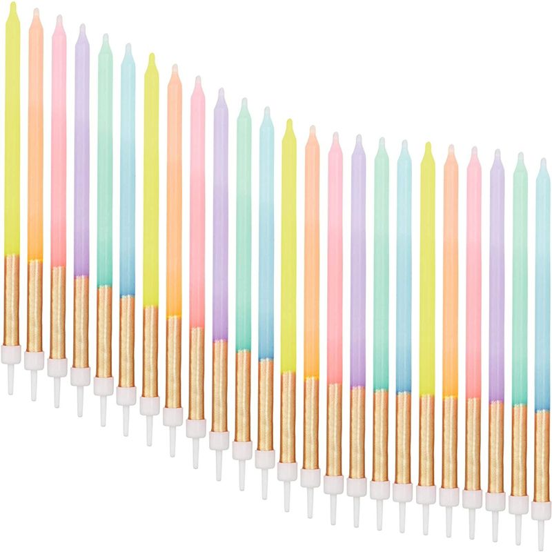 Pastel Ombre Long Thin Birthday Cake Candles in Holders (5 in, 24 Pack), 1 of 6