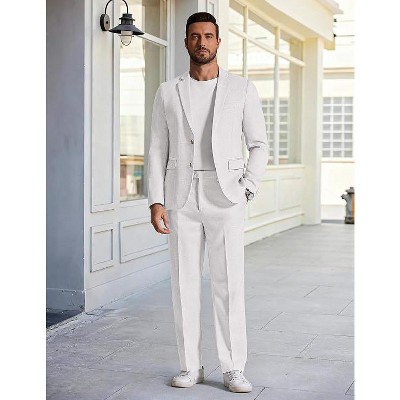 COOFANDY Men's Linen Suits 2 Piece Regular Fit Suits Set Casual Lightweight Blazer Jacket and Pants for Summer Wedding White 36X30W — фото 4