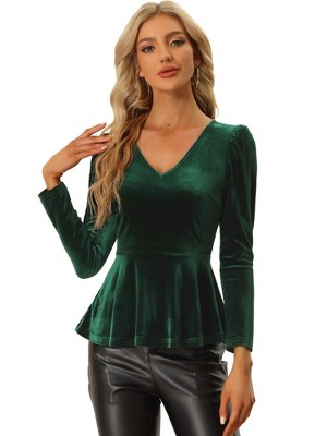 Allegra K Women's Velvet Elegant V-Neck Long Sleeves Peplum Blouses
