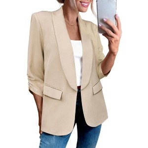 INSPIRE CHIC Women's Work Shawl Collar Ruched 3/4 Sleeves Open Front with Pockets Blazer - 1 of 4