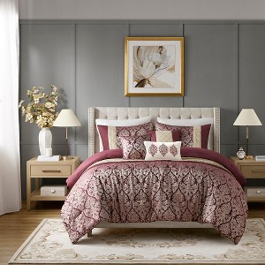 6 Pcs Elegant Damask Diamond Print Jacquard Comforter Set,All Season Bedding Set,Cozy Home Textile fits Lux Bedroom Decor,Matching Decorative Pillows - 1 of 4