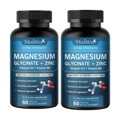 Mulittea (2 Pack) Magnesium Glycinate 500mg with Zinc, Vitamin D3+ Vitamin B6, Enhance Immunity, 120 Capsules (Gluten Free & Non-GMO)