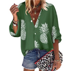 Nlife Women Pineapple Printed Lapel Collar Half Sleeves Buttons Down Blouse Shirt - 1 of 4