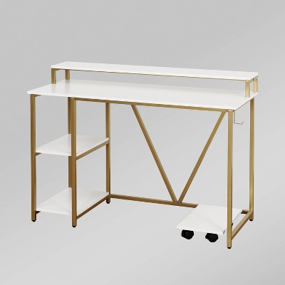 Modern Industrial Gold and Wood Writing Desk with Elevated Shelves