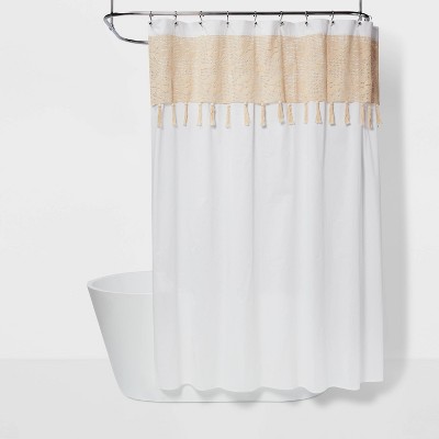 Macrame Inset with Wood Bead Tassels Shower Curtain White/Beige - Opalhouse™
