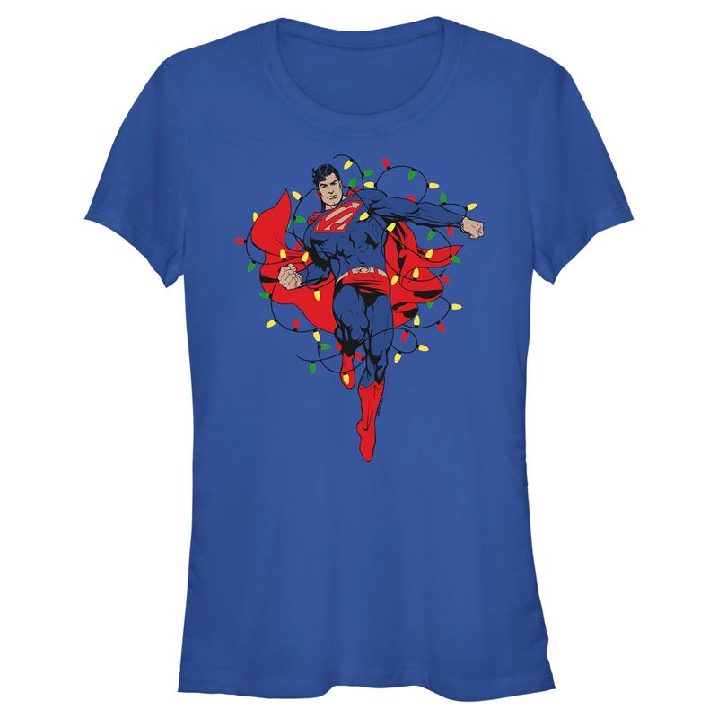 Juniors Womens Superman Christmas Lights T-Shirt, 1 of 5