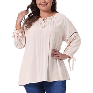 Agnes Orinda Women's Plus Size Tie Tassel V Neck Hollow Bowknot Long Sleeve Casual Blouses - 1 of 4