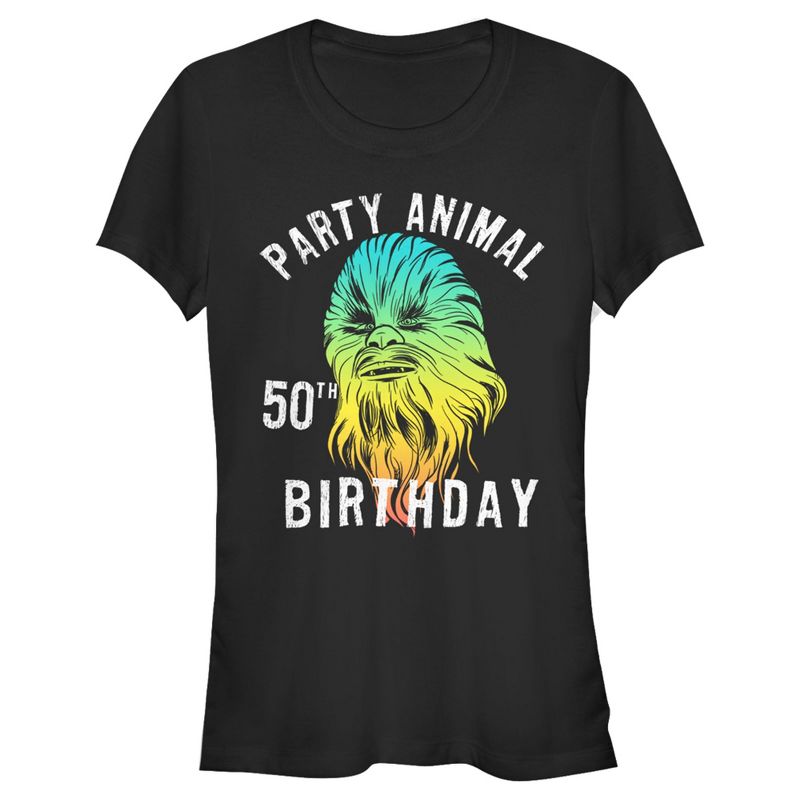 Juniors Womens Star Wars Chewie Party Animal 50th Birthday Color Portrait T-Shirt, 1 of 4