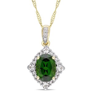 EVERLY JEWELRY | 14K Yellow Gold Chrome Diopside, White Sapphire and 1/10 CT TW Diamond Vintage Halo Pendant With Chain - 17 inch - 1 of 4
