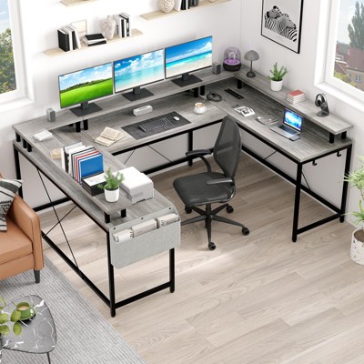 U Shaped Computer Gaming Desk, Reversible L Shaped Desk w/Monitor Stand, Large Corner Desk w/Storage Shelves for Home Office