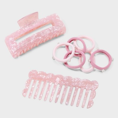 Women's Comb, Hair Ties and Claw Hair Clip Set 8pc - A New Day™ Pink