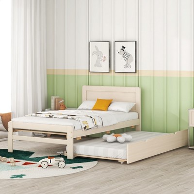 KTMBDW Twin Size Bed Frame, Kids Platform Bed with Trundle and Wooden Slats, Space-saving, No Box Spring Needed, Easy Assembly