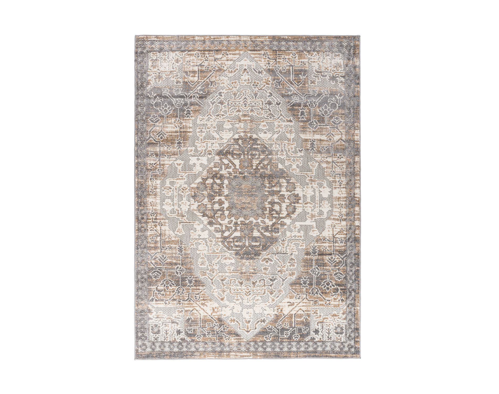 World Rug Gallery Distressed Traditional Indoor/Outdoor Area Rug - Beige 5' x 7':  Weather-Resistant Medallion,  Low Pile