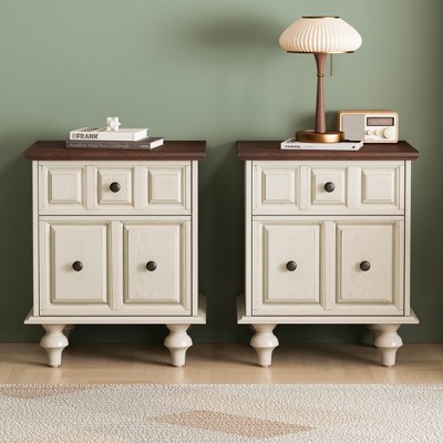 Vynxaria Vintage Nightstand with 2 Drawers ¨C Elegant Solid Wood Bedside Table in Antique White