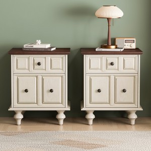 Vynxaria Vintage Nightstand with 2 Drawers ¨C Elegant Solid Wood Bedside Table in Antique White - 1 of 4