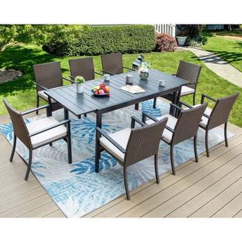 9pc Outdoor Dining Set with Extendable Table & Rattan Wicker Chairs - Beige - Captiva Designs