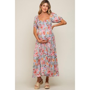 PinkBlush Blue Floral Smocked Square Neck Tiered Maternity Maxi Dress - 1 of 4