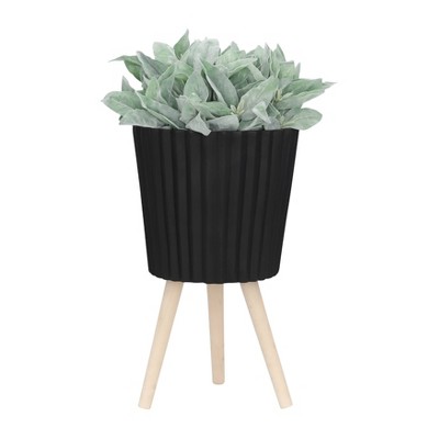 12" Black Ridged Cement Planter with Natural Wood Legs - Set of 2