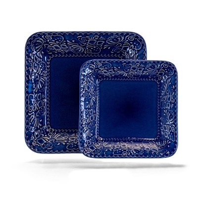 Indigo Lotus Floral Ceramic Square Dinnerware Set, Service for 4