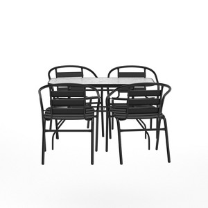 Flash Furniture Lila 5 Piece Commercial Outdoor Patio Dining Set with 47" Tempered Glass Patio Table with Umbrella Hole and 4 Black Triple Slat Chairs - 1 of 4