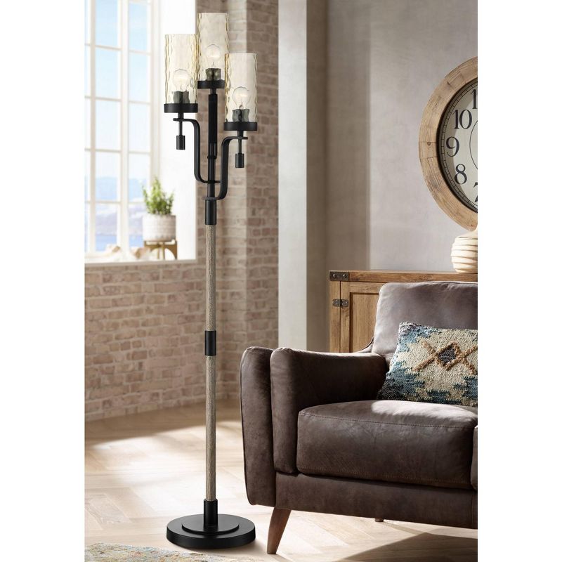Franklin Iron Works Granada Rustic Farmhouse Tree Floor Lamp 64 1/4" Tall Black Faux Wood 3-Light Hammered Tinted Glass Shade for Living Room Reading, 2 of 10