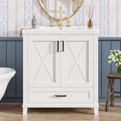 Whisen 24" Bathroom Vanity with Single Sink, Solid Wood/MDF Frame, 2 Soft-Close Doors & 1 Divided Drawer with Storage Shelves